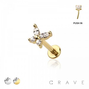 BUTTERFLY CZ STONE TOP PUSHIN (THREADLESS) 316L SURGICAL STEEL LABRET SET